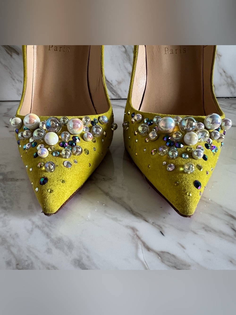 Christian Louboutin Candidate 120mm Cubiste Chartreuse Yellow Suede size 38.5 - Picture 7 of 8